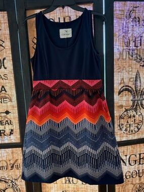 Anthropologie Navy Tank Top Mini Dress with Pink Orange Chevron Skirt